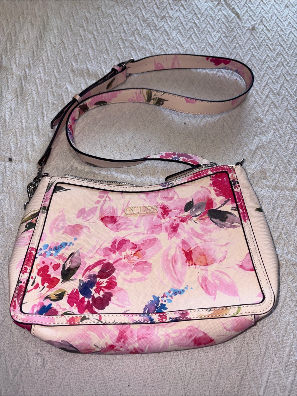 GUESS Pink Floral Crossbody Bag with Pink Logo